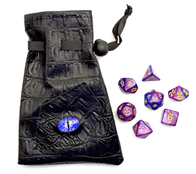 7 Gaming Dice in a Black Embossed Bag with a Purple Eye on Bag